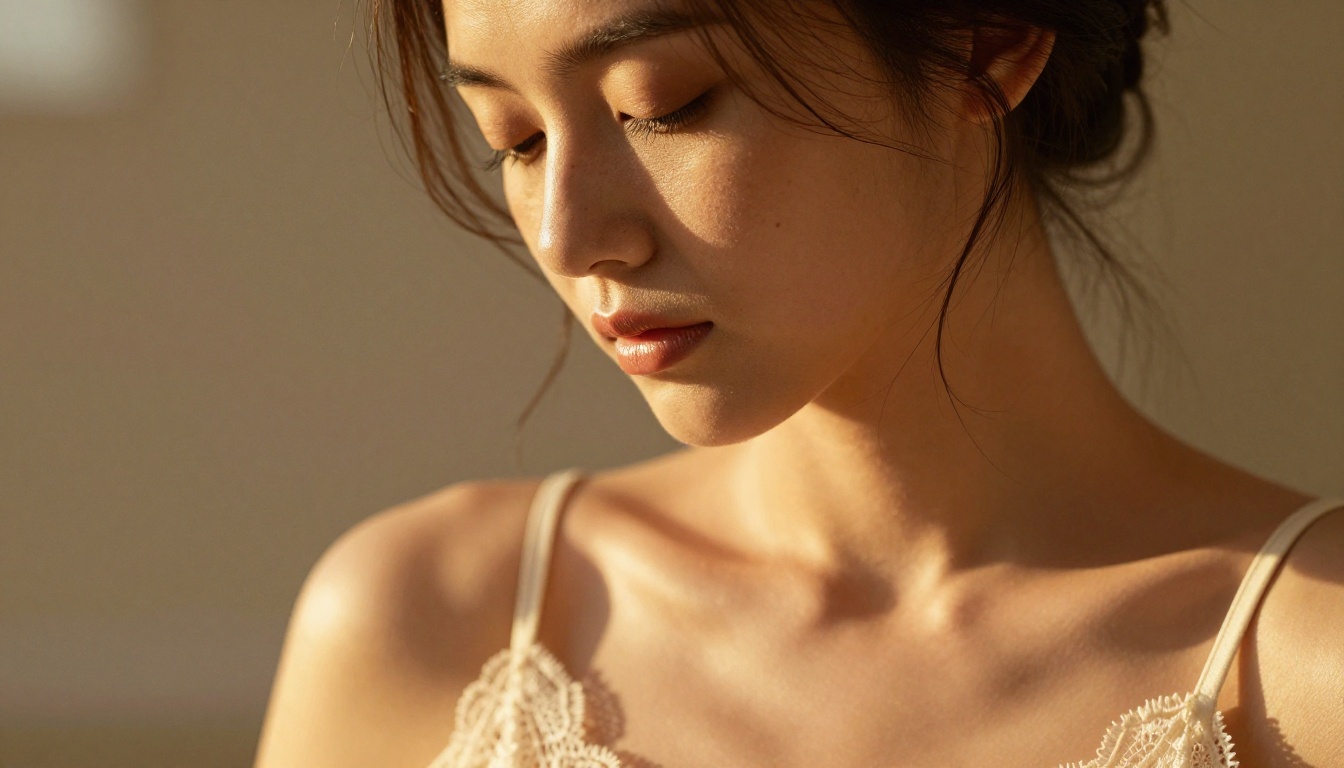 Close-up portrait with warm golden afternoon light and ivory lace camisole