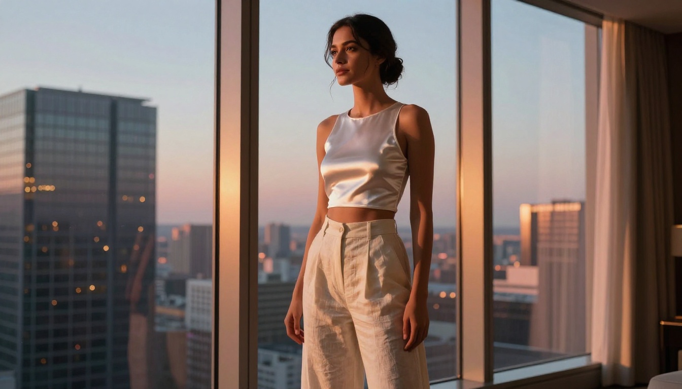 Confident woman at penthouse window with twilight city skyline behind her