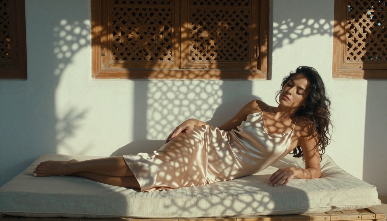 Woman in Moroccan riad on ivory daybed, silk dress, geometric lattice shadows overhead