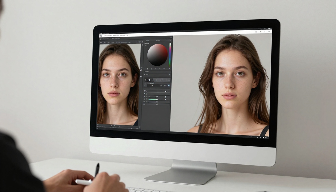 AI editing workspace with dual monitor photo comparison