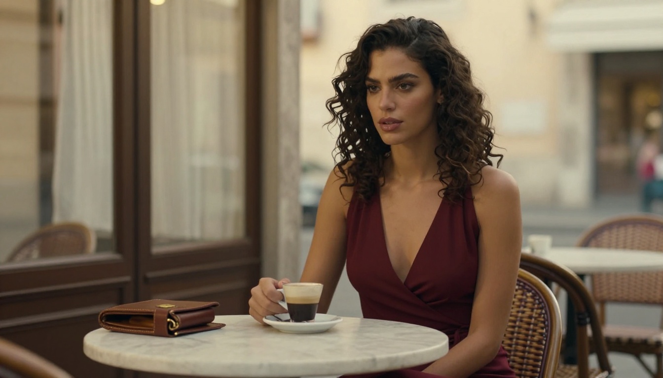 Elegant woman in Italian café wearing a burgundy wrap dress at marble table