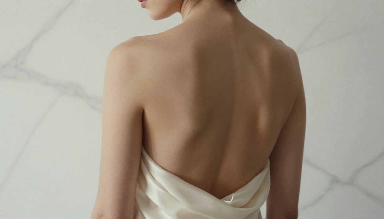 Woman's elegant bare back with ivory silk draped against white marble wall