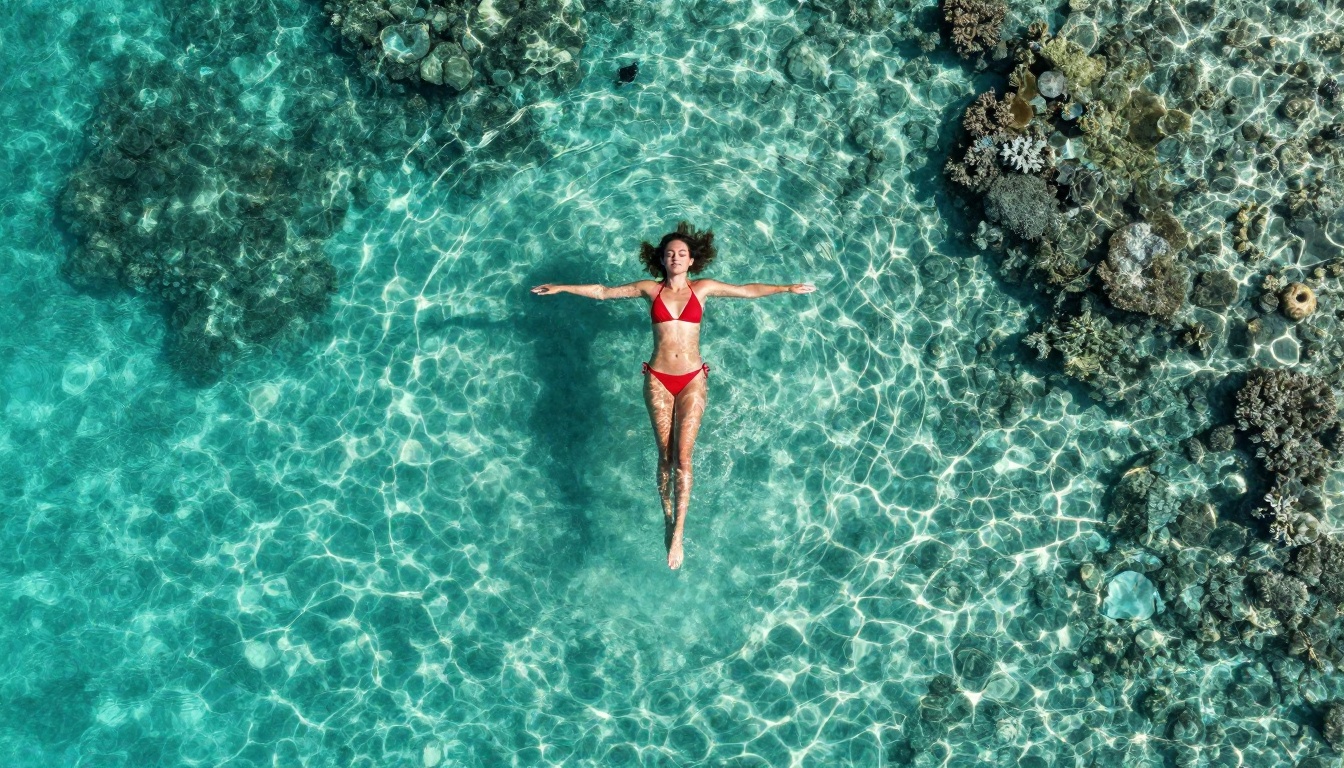 Aerial drone view of woman in red bikini floating in crystal turquoise lagoon Aerial drone view of woman in red bikini floating in crystal turquoise lagoon