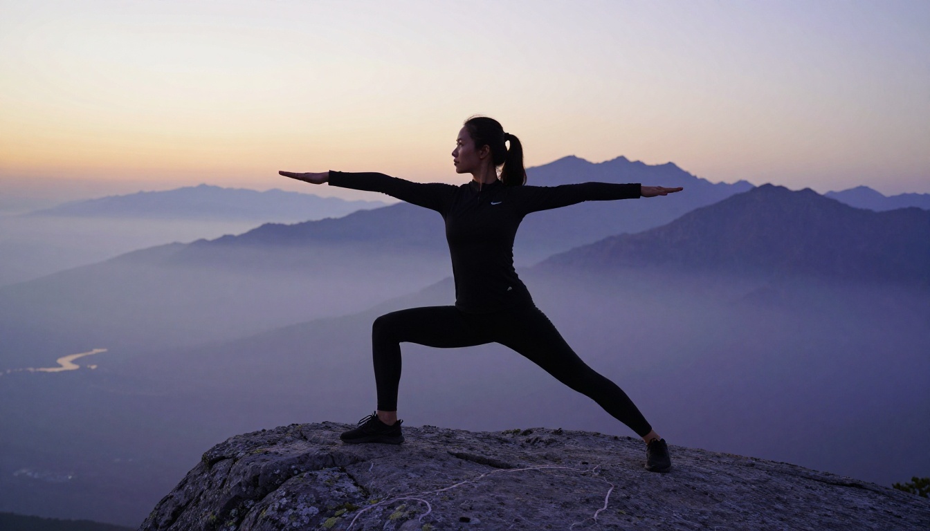 Woman in yoga pose on rocky mountain summit at dawn Woman in yoga pose on rocky mountain summit at dawn