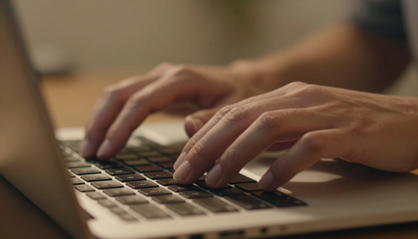 Elegant hands typing on a laptop in soft evening light, Kodak Portra film grain, intimate private workspace Elegant hands typing on a laptop in soft evening light, Kodak Portra film grain, intimate private workspace