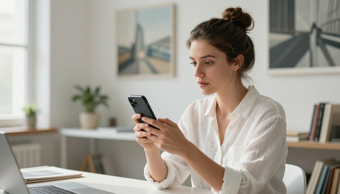 Woman reviewing AI-generated content on smartphone at bright minimalist art studio, documentary photography style Woman reviewing AI-generated content on smartphone at bright minimalist art studio, documentary photography style