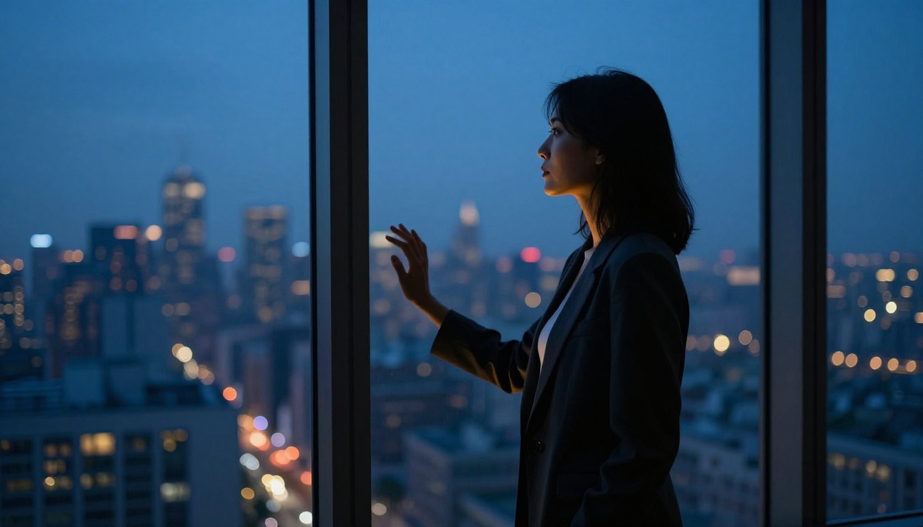 Woman silhouetted against panoramic window at blue hour, city bokeh skyline, moody editorial Leica SL2 photography Woman silhouetted against panoramic window at blue hour, city bokeh skyline, moody editorial Leica SL2 photography