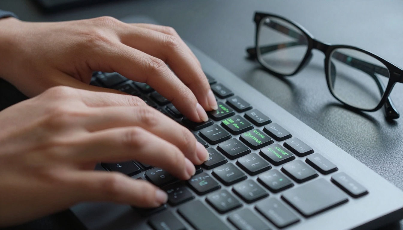 Data privacy concept: hands typing on keyboard with code reflections in glasses