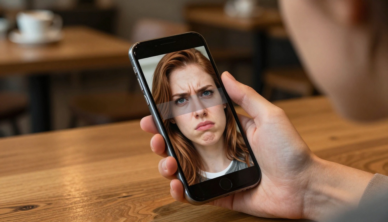 Woman frustrated looking at watermarked image on smartphone