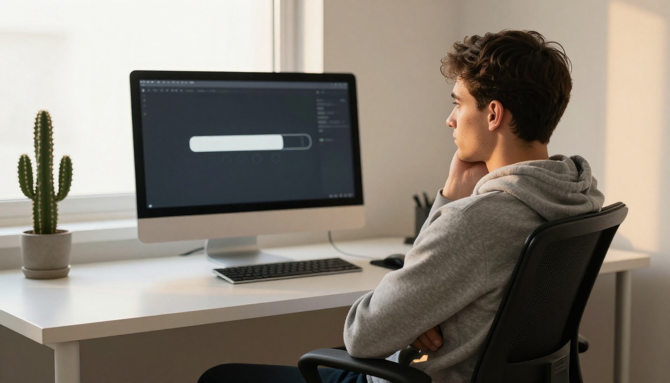 Person waiting at desktop computer with loading spinner on screen