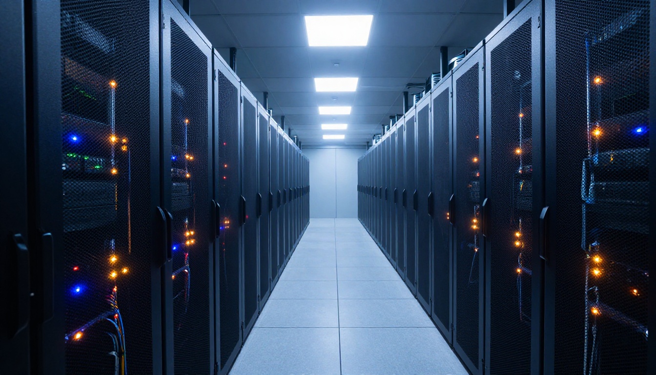Data center server room corridor with security status lights