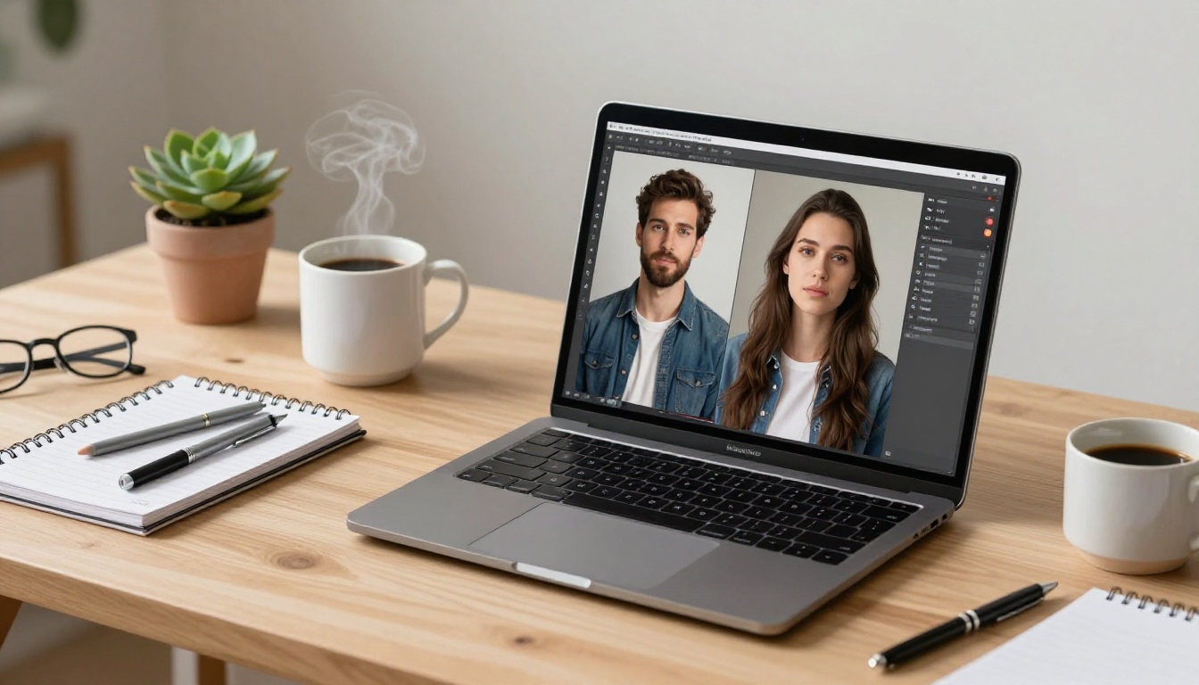 Creative workspace with quality comparison visible on laptop screen