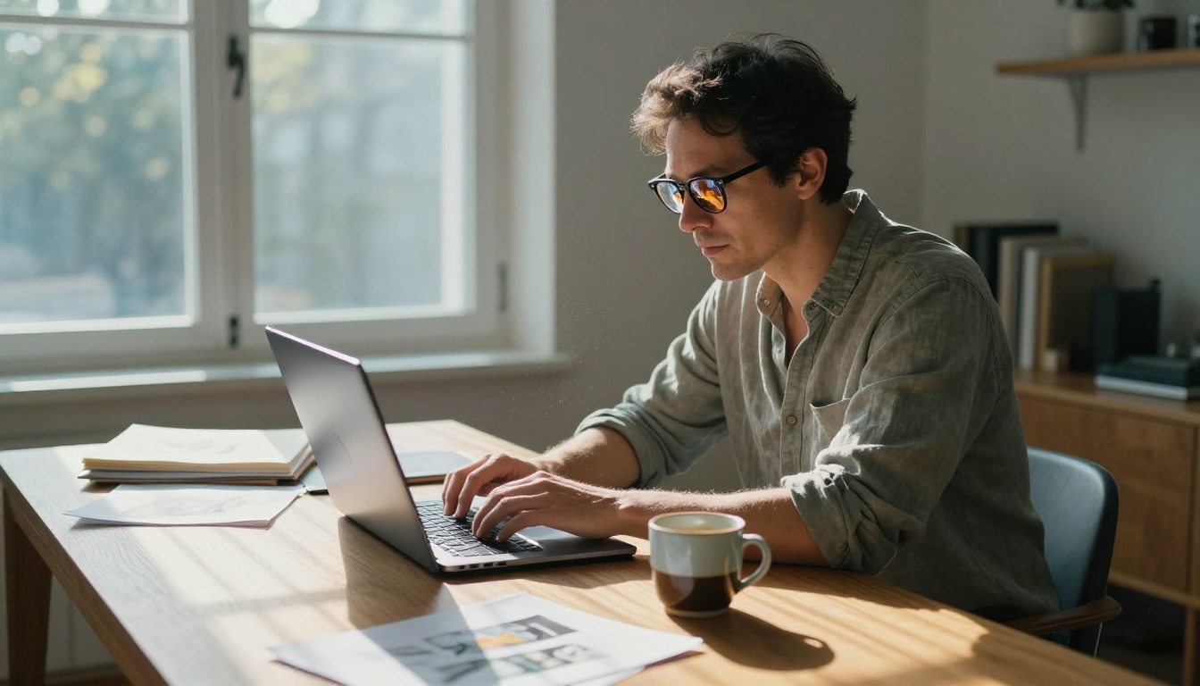 AI creator working thoughtfully at a desk AI creator working thoughtfully at a desk