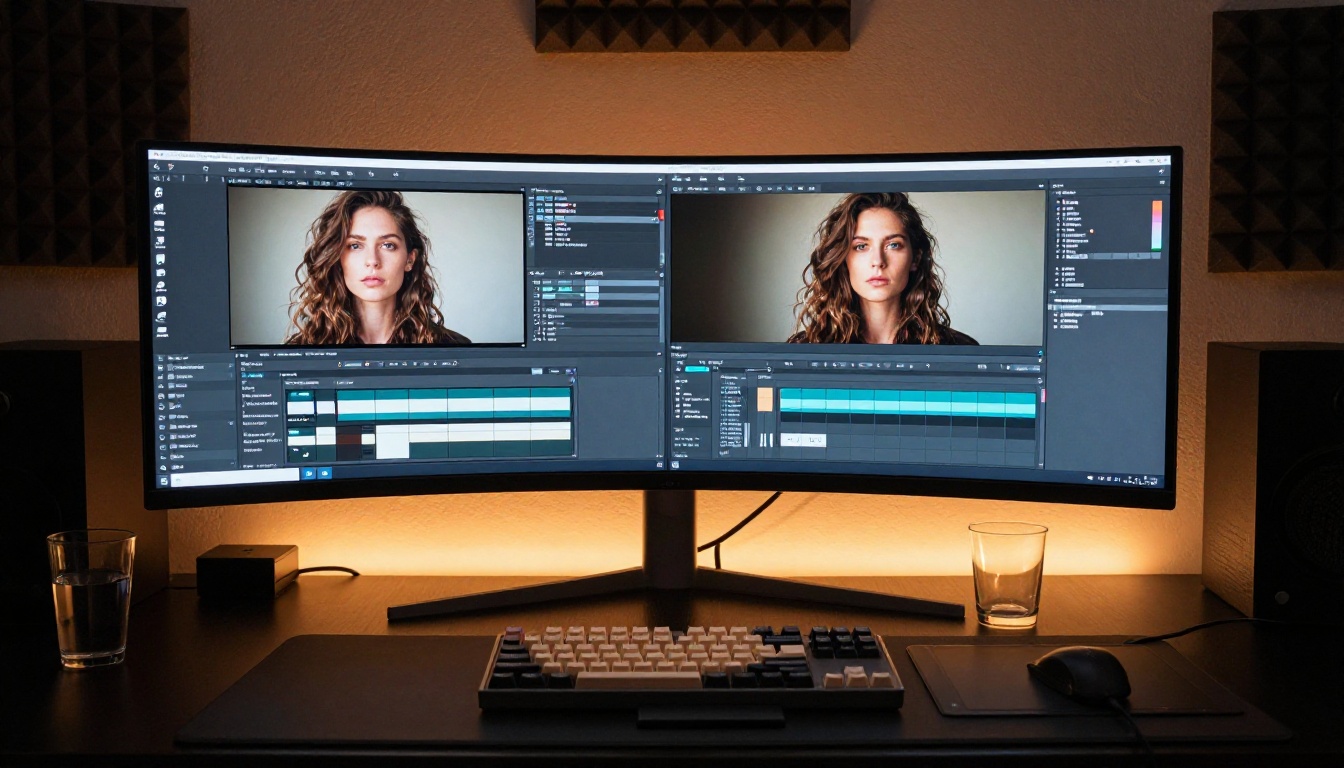 Professional monitor showing split-screen AI image editing interface Professional monitor showing split-screen AI image editing interface