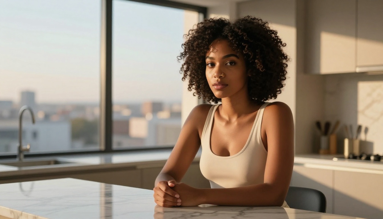 Portrait of woman with natural skin tones, warm afternoon light Portrait of woman with natural skin tones, warm afternoon light