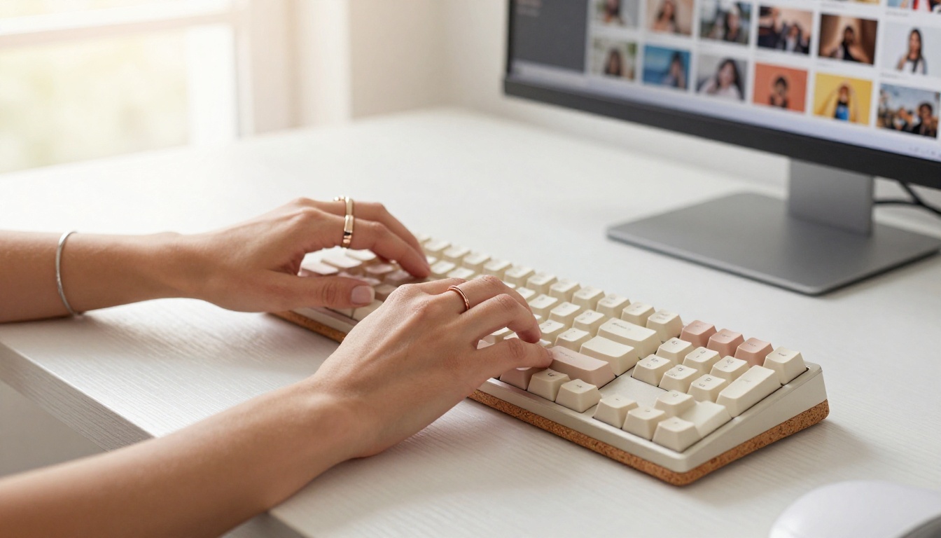 Hands typing on keyboard in a bright minimalist creative workspace Hands typing on keyboard in a bright minimalist creative workspace