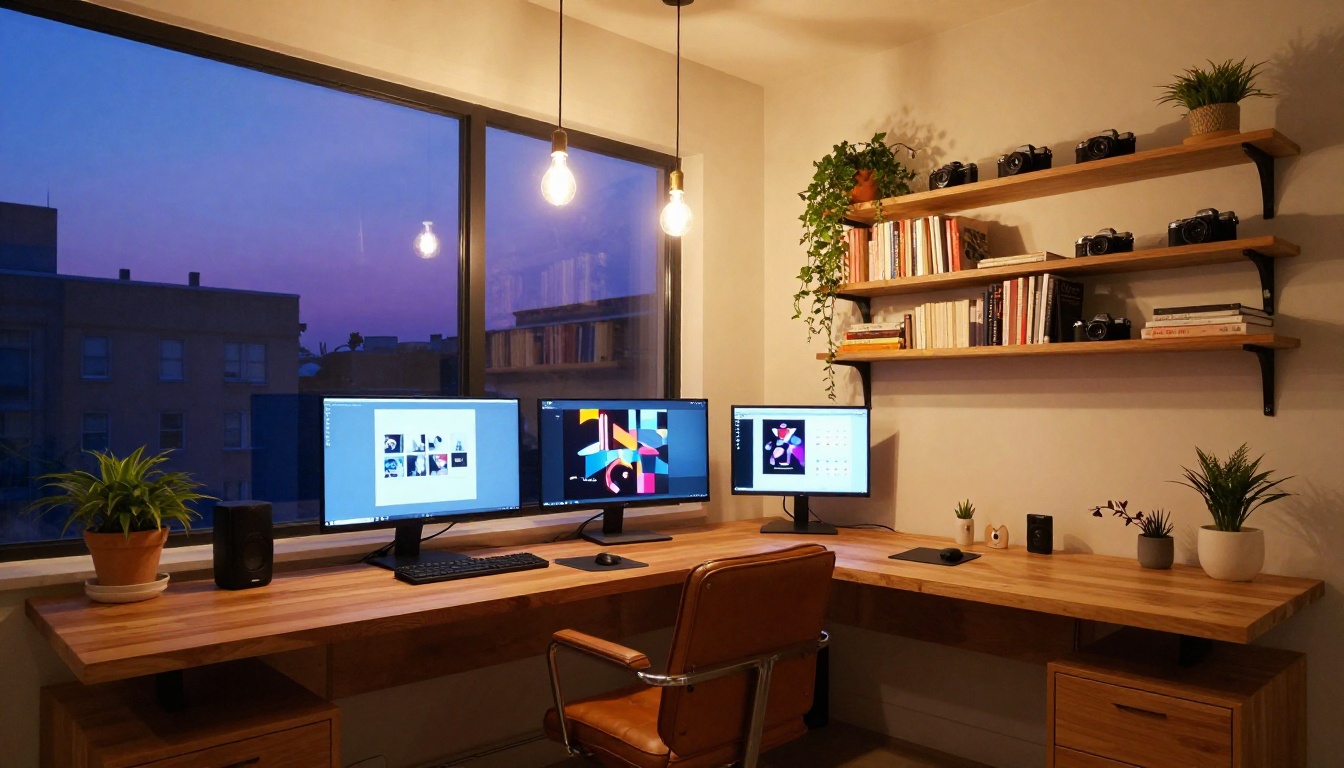 Warm creative studio workspace at dusk with dual monitors and shelving Warm creative studio workspace at dusk with dual monitors and shelving