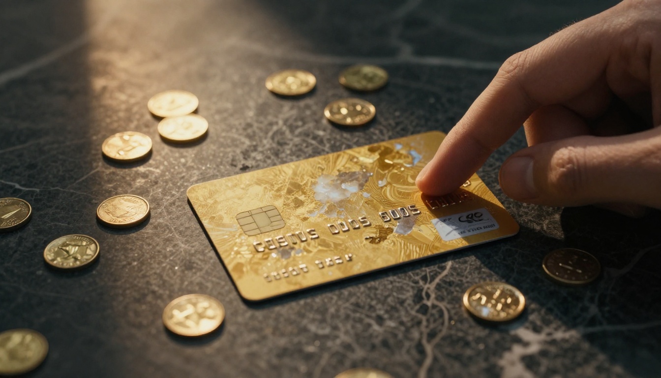 Credit card and coins on marble surface Credit card and coins on marble surface