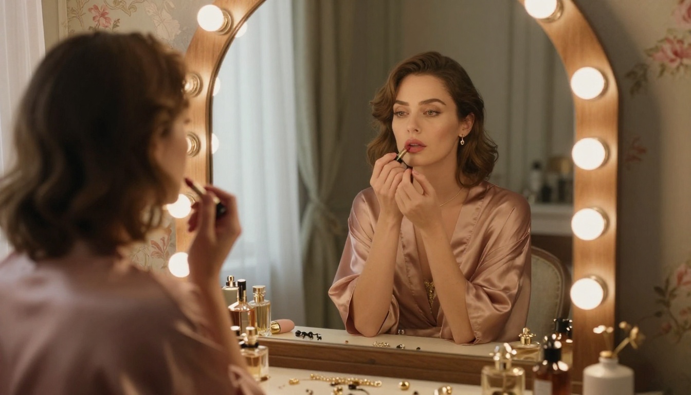 Woman in boudoir robe at Parisian vanity mirror Woman in boudoir robe at Parisian vanity mirror