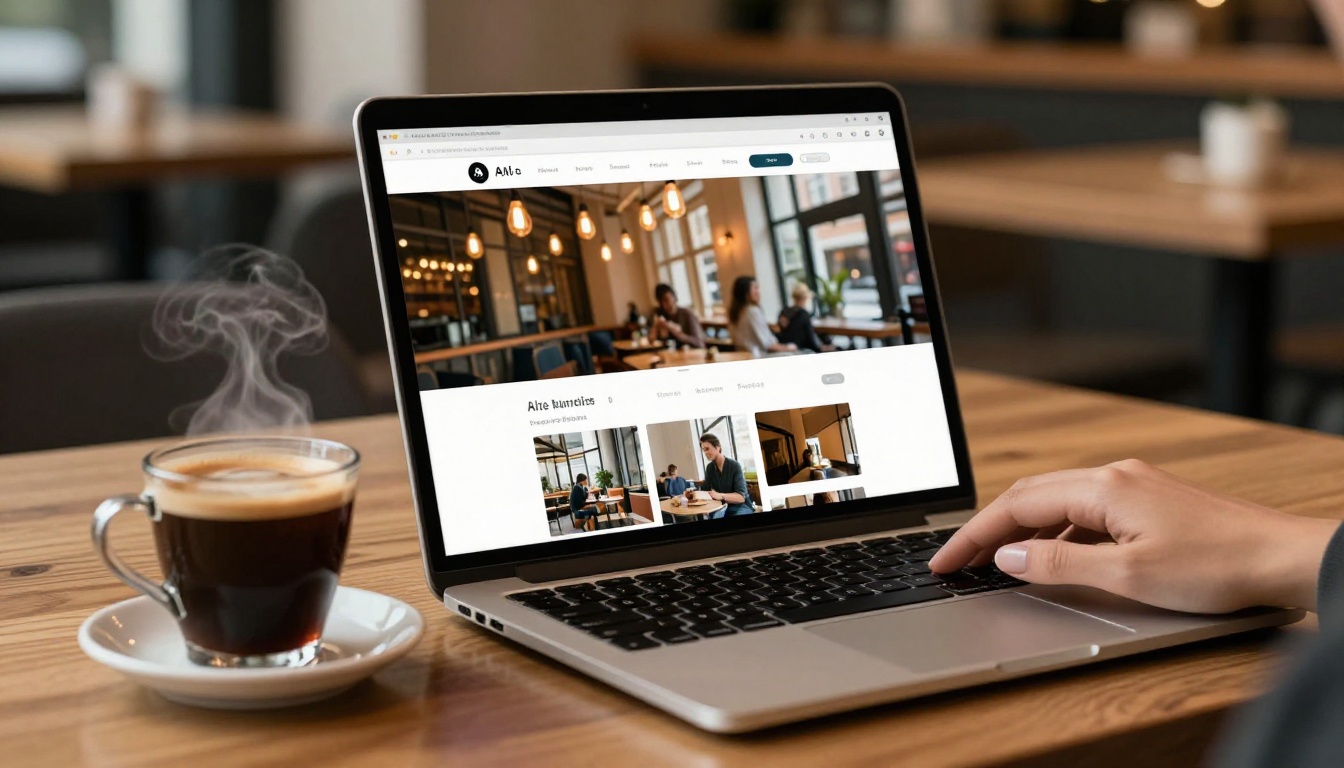 AI interface on a laptop in a cafe setting AI interface on a laptop in a cafe setting