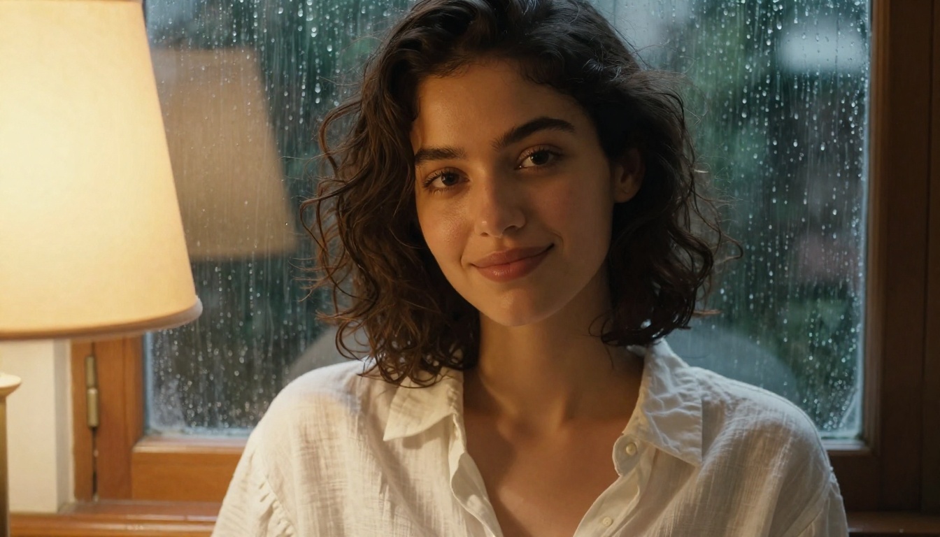 Close-up portrait of a woman with natural curls beside a rain-streaked window, warm indoor light