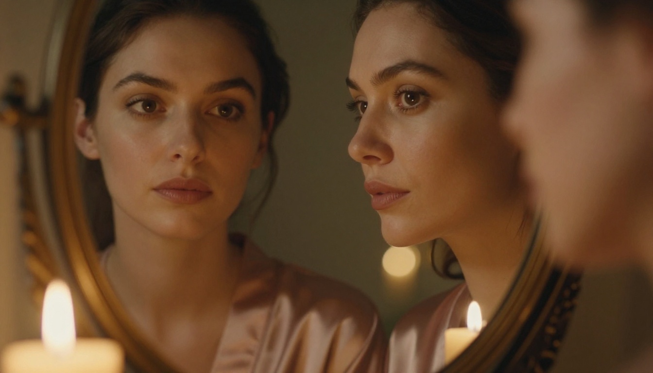 Intimate close-up portrait of a woman reflected in a vintage vanity mirror, warm candlelight