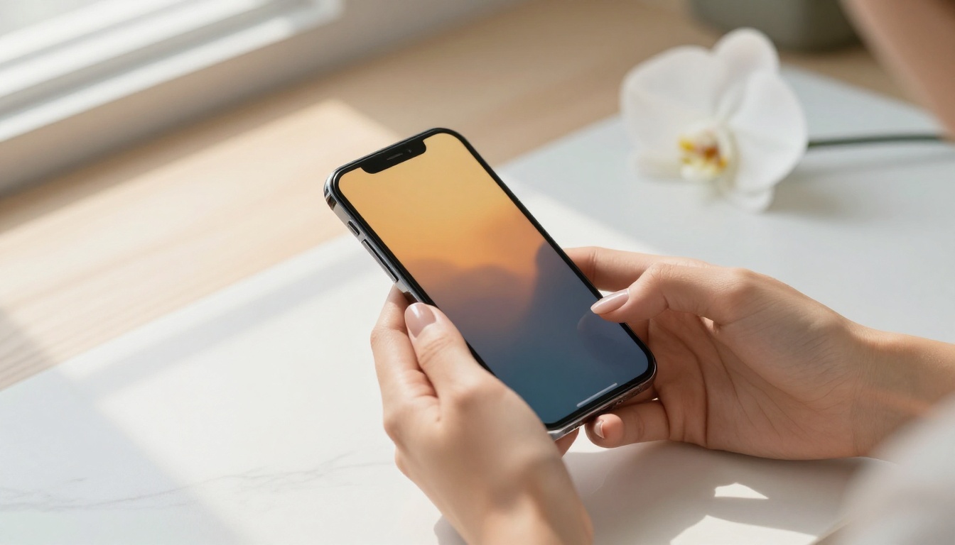 Editorial close-up of a woman's hands holding a smartphone at a minimal white marble desk, soft natural light