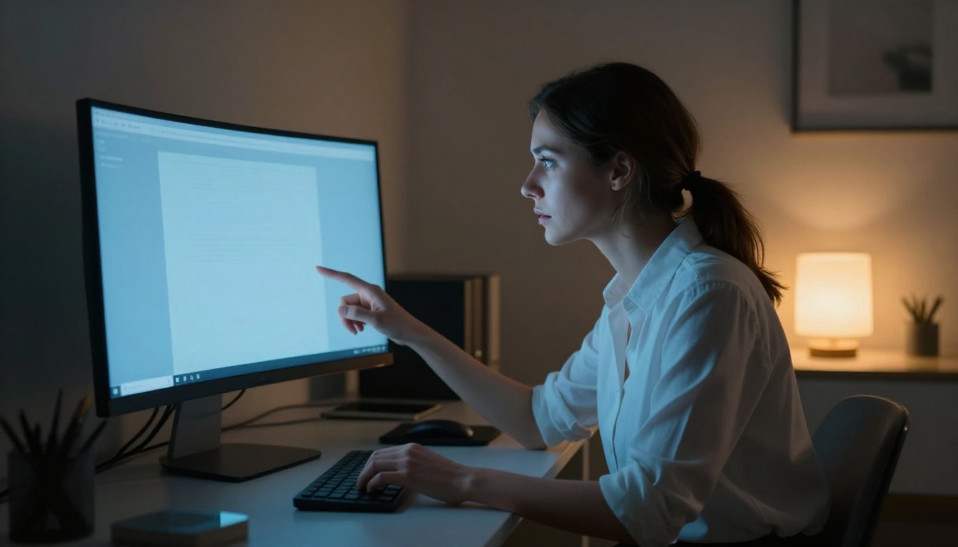 Woman at a sleek home office desk at night, soft monitor glow illuminating her face, focused expression