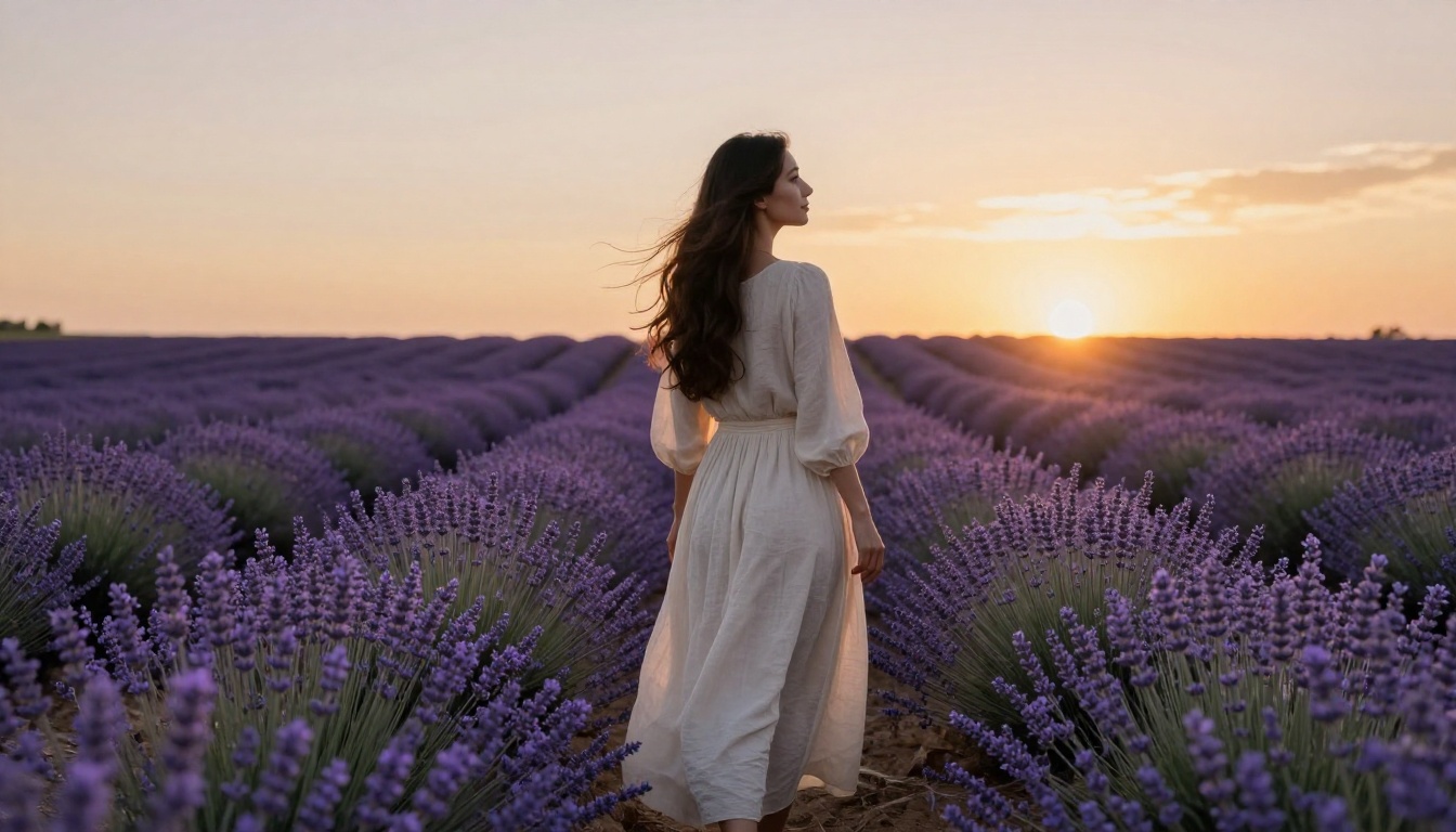 Elegant woman standing in vast lavender fields at golden hour, cream linen dress, hair in the breeze