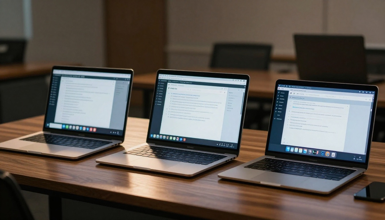Multiple laptop screens showing different AI platform interfaces for content comparison