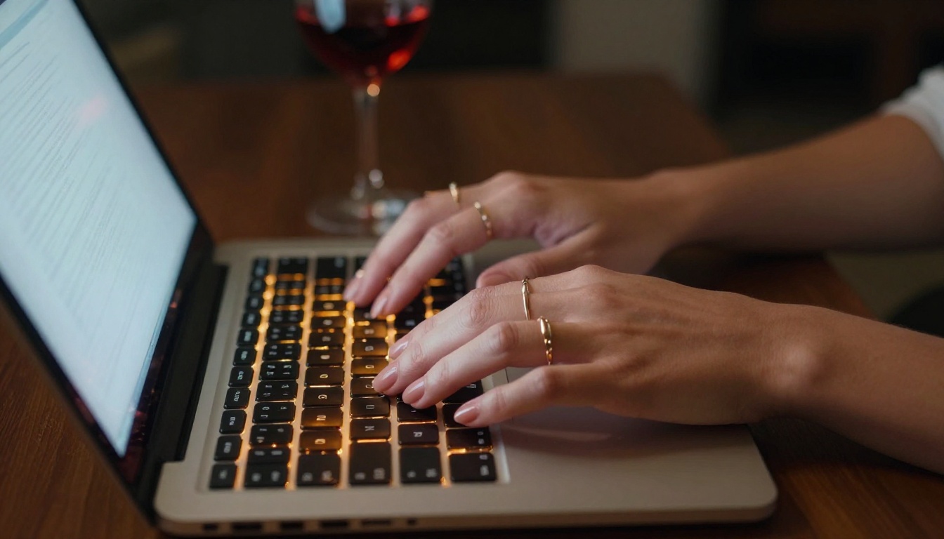 Woman typing on laptop late at night Woman typing on laptop late at night