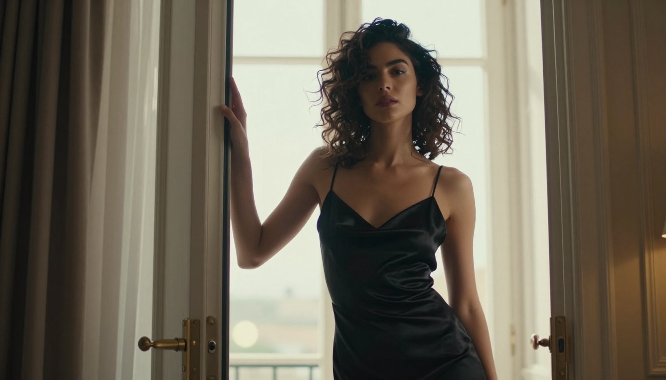 Artistic high-fashion editorial portrait of a woman in a luxury hotel room doorway