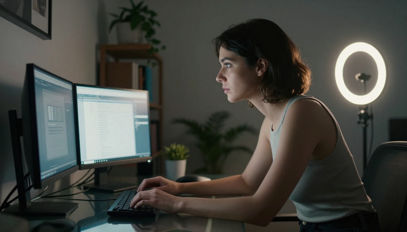 Woman working at glass desk with dual monitors Woman working at glass desk with dual monitors