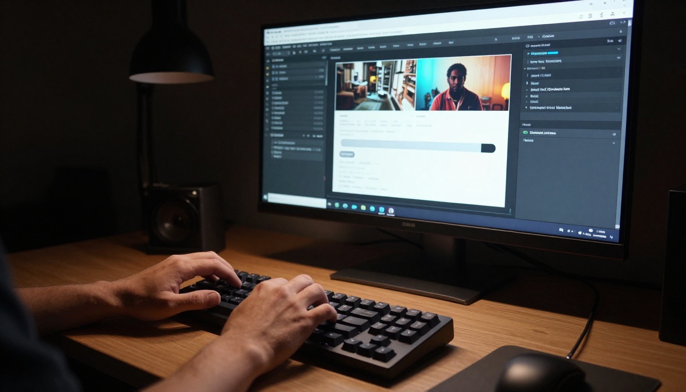 Person working in a dark home office at a mechanical keyboard with AI generation interface on monitor