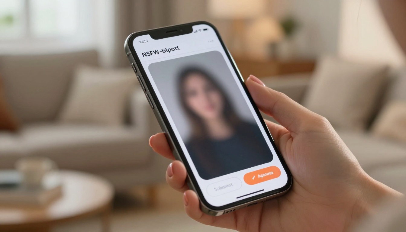 Woman using smartphone with AI generation app showing content filter settings