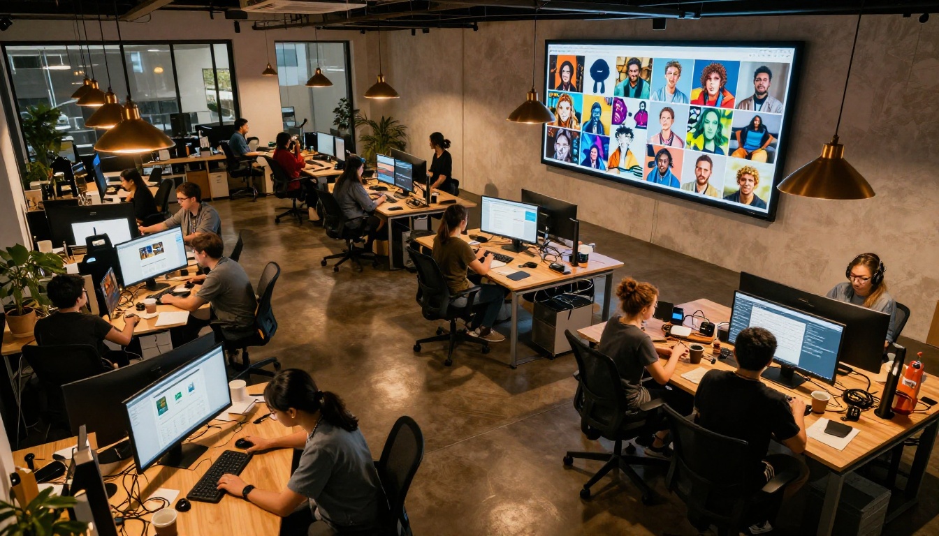 Creative team working with AI generation tools in a collaborative studio environment