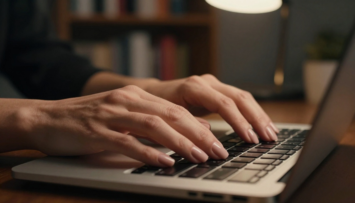 Close-up of elegant woman's hands with nude-polished nails resting on a laptop keyboard, moody dramatic side lighting Close-up of elegant woman's hands with nude-polished nails resting on a laptop keyboard, moody dramatic side lighting
