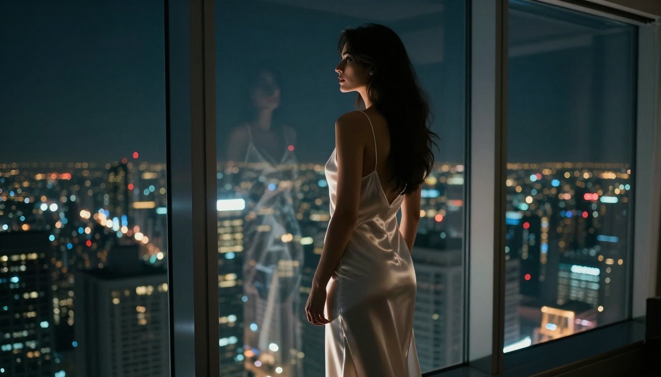 Stunning woman silhouetted at a floor-to-ceiling city window at night, sheer silk slip catching city light Stunning woman silhouetted at a floor-to-ceiling city window at night, sheer silk slip catching city light