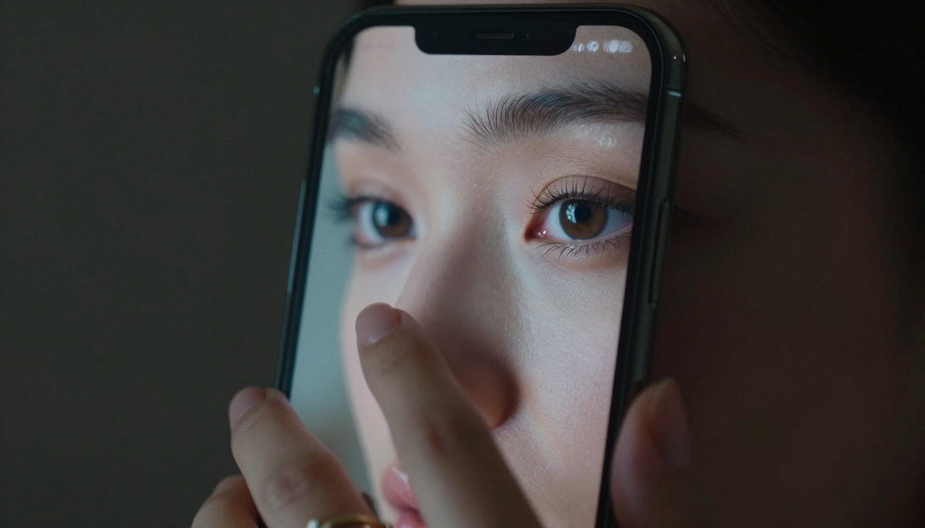 Woman holding smartphone with face reflected in screen Woman holding smartphone with face reflected in screen