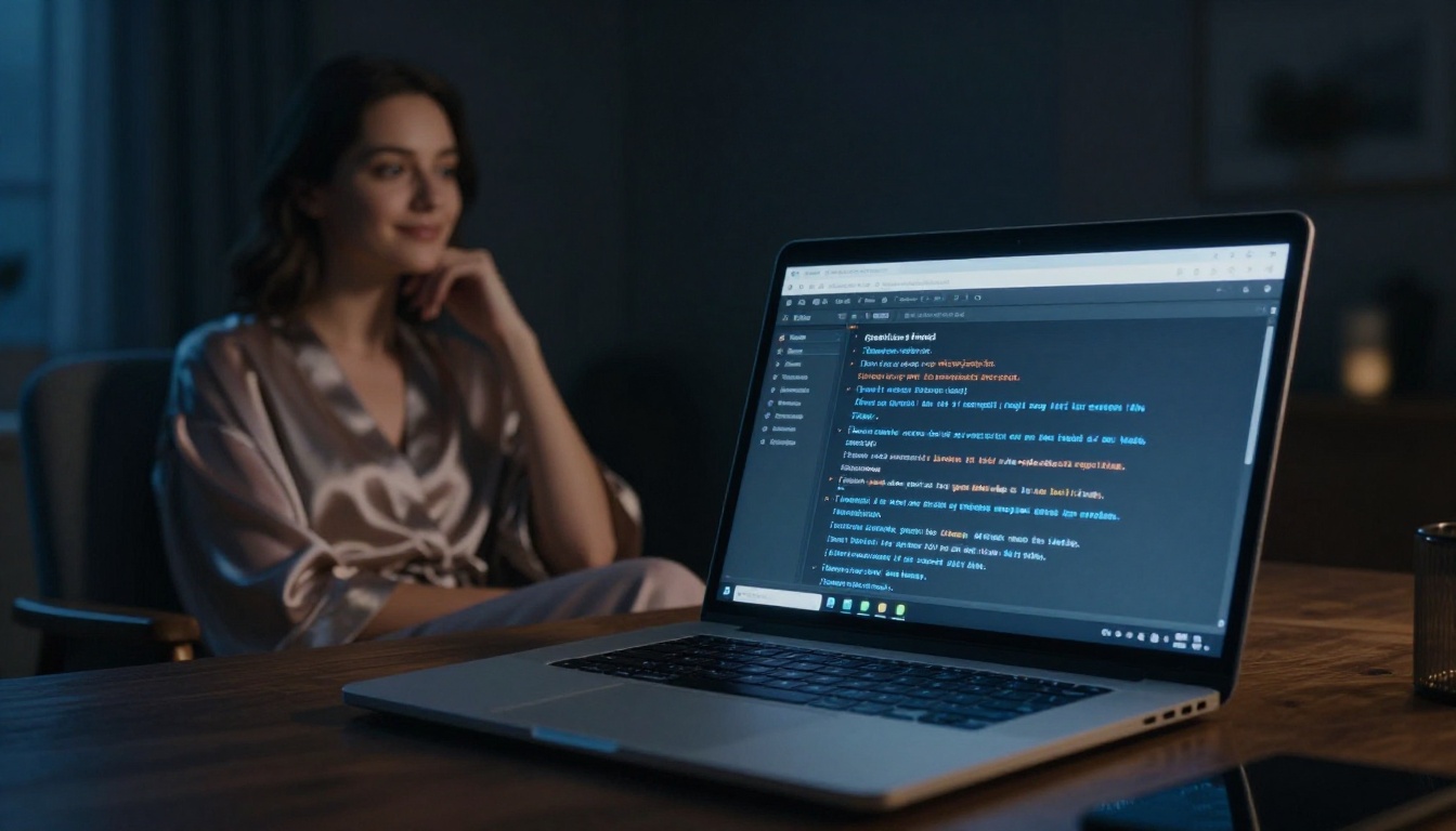 AI interface glowing on laptop screen as a woman watches from her armchair in a dim room AI interface glowing on laptop screen as a woman watches from her armchair in a dim room