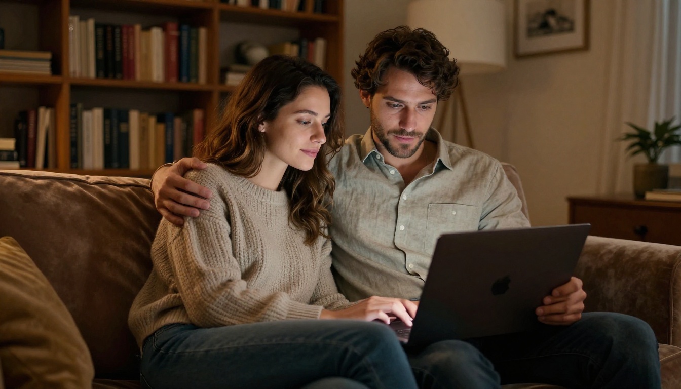 A couple sitting closely on a velvet sofa, looking at a laptop screen together in warm evening light A couple sitting closely on a velvet sofa, looking at a laptop screen together in warm evening light