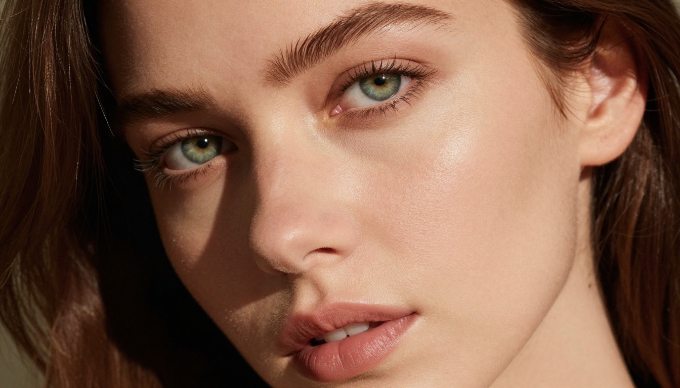 Close-up portrait of a stunning woman with dramatic Rembrandt lighting, natural skin texture and depth of field