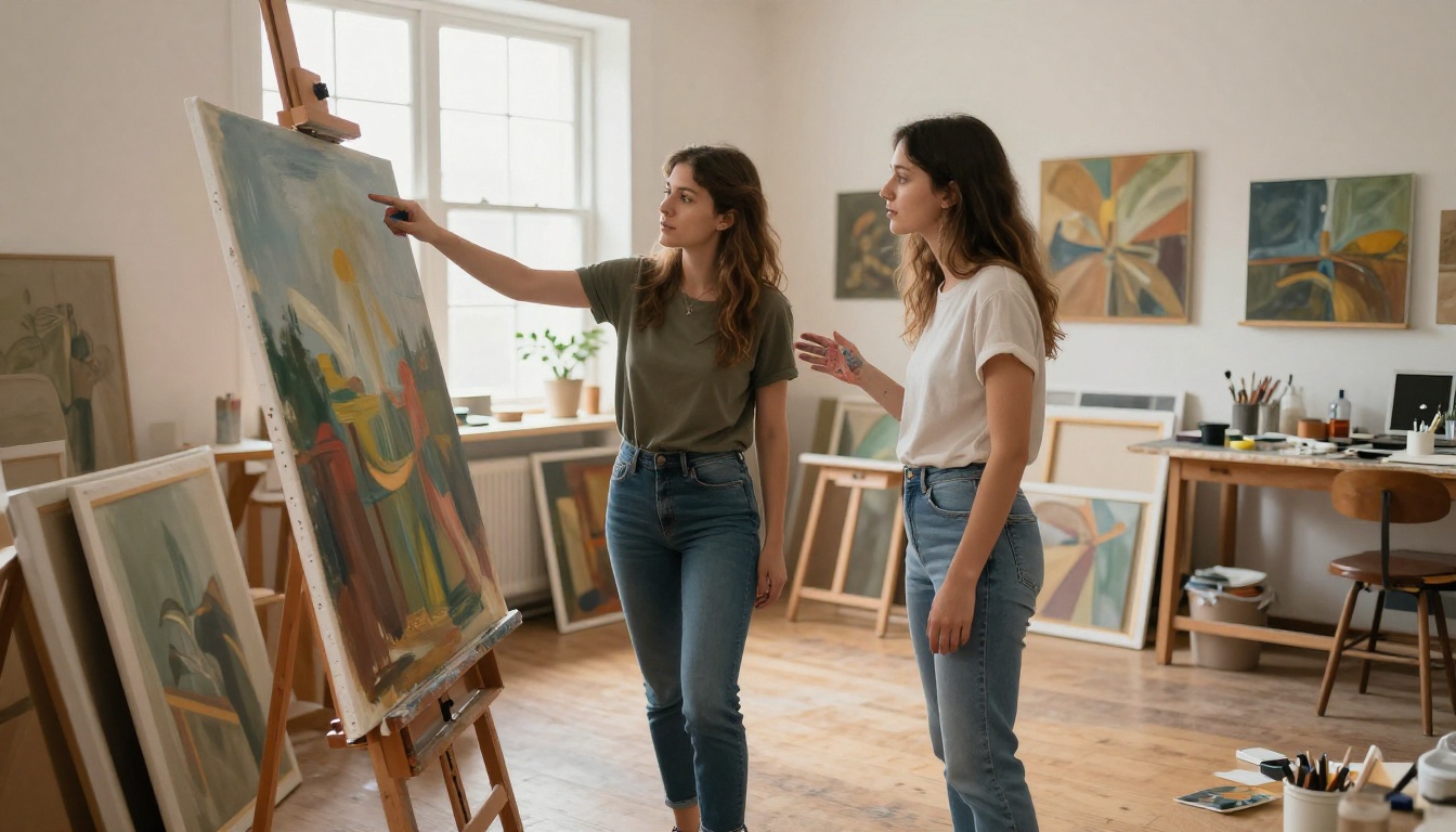 Two women collaborating in an art studio surrounded by large canvases and creative energy