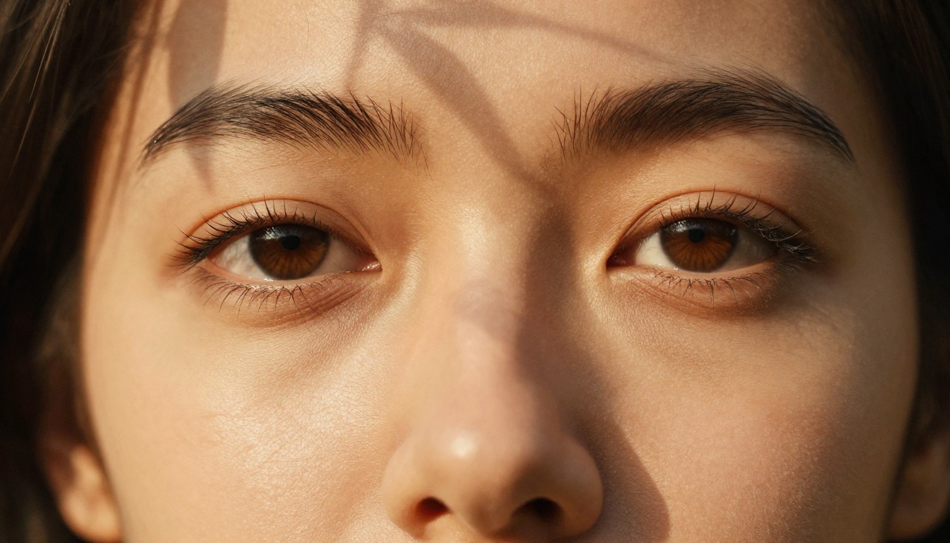 Extreme close-up beauty shot of a woman's face with dappled natural light filtering through leaves, iris detail visible
