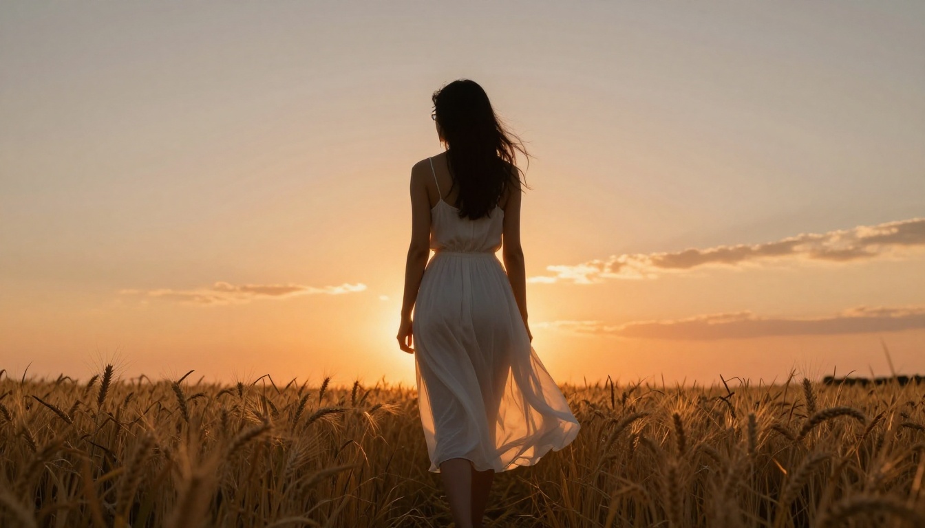 Woman in a flowing white sundress in a field of golden wheat, intense orange sunset backlight creating silhouette