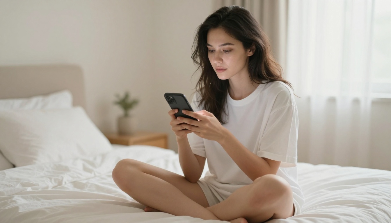 Woman in morning light sitting cross-legged on a cozy bed, holding a smartphone with a thoughtful expression