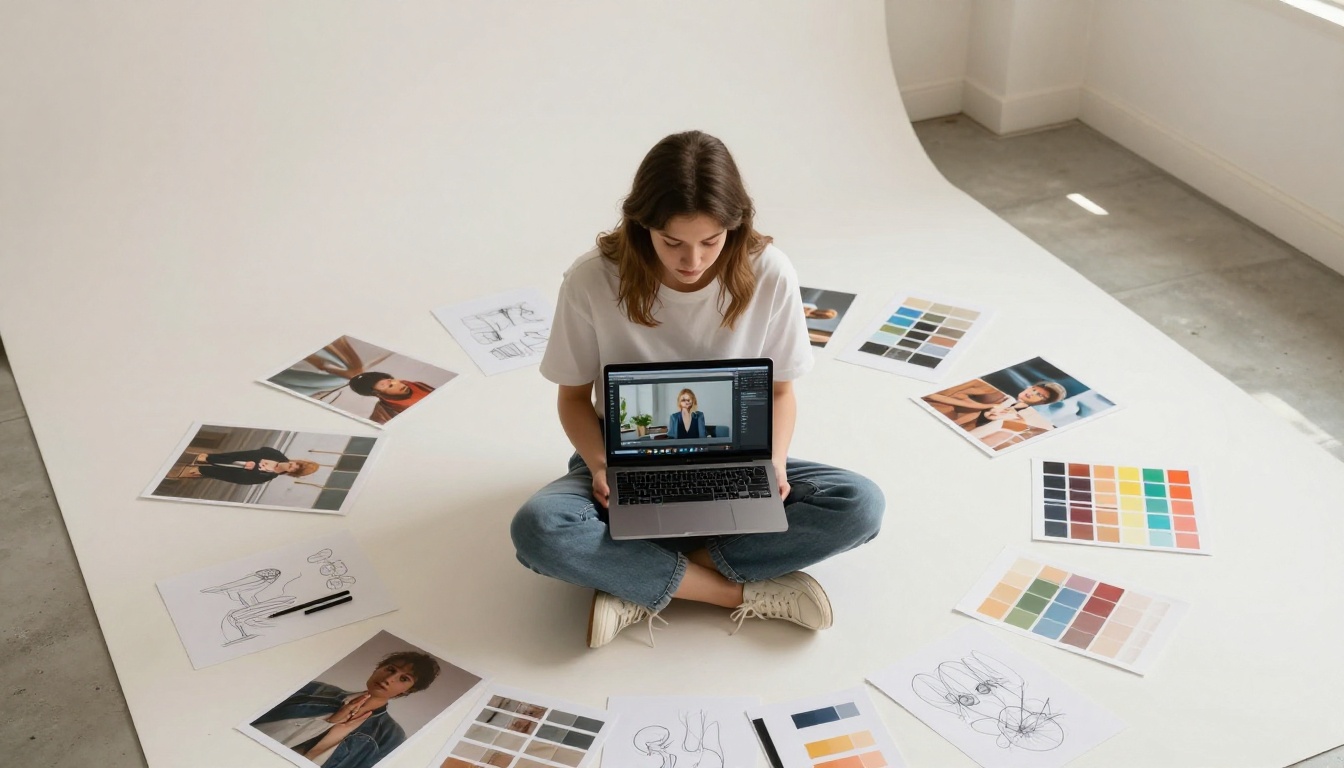 A female content creator at a professional workspace surrounded by printed photo references A female content creator at a professional workspace surrounded by printed photo references
