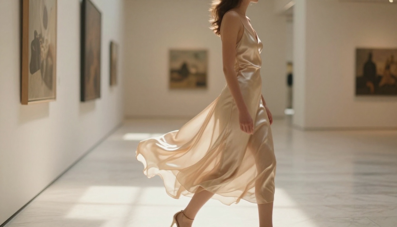 Elegant woman in a flowing dress walking through a sunlit art gallery corridor Elegant woman in a flowing dress walking through a sunlit art gallery corridor