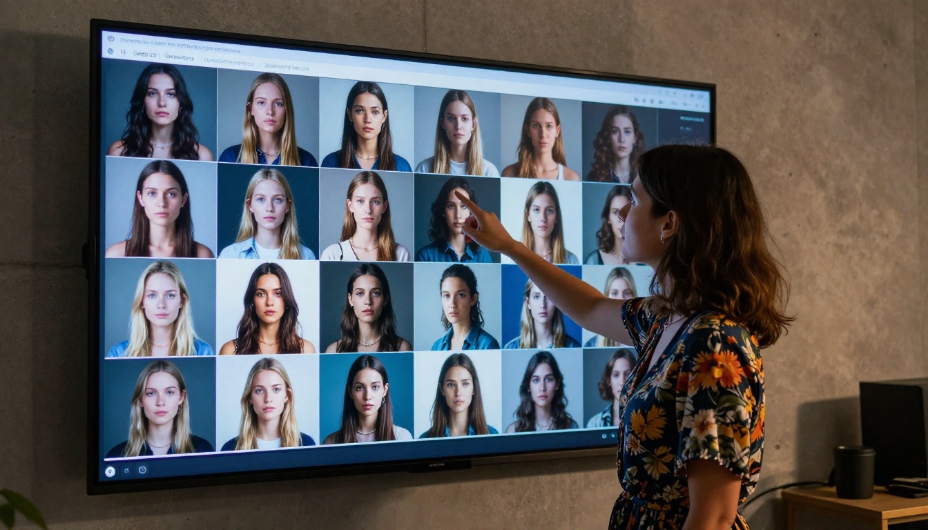 AI creator reviewing monitor wall of generated images