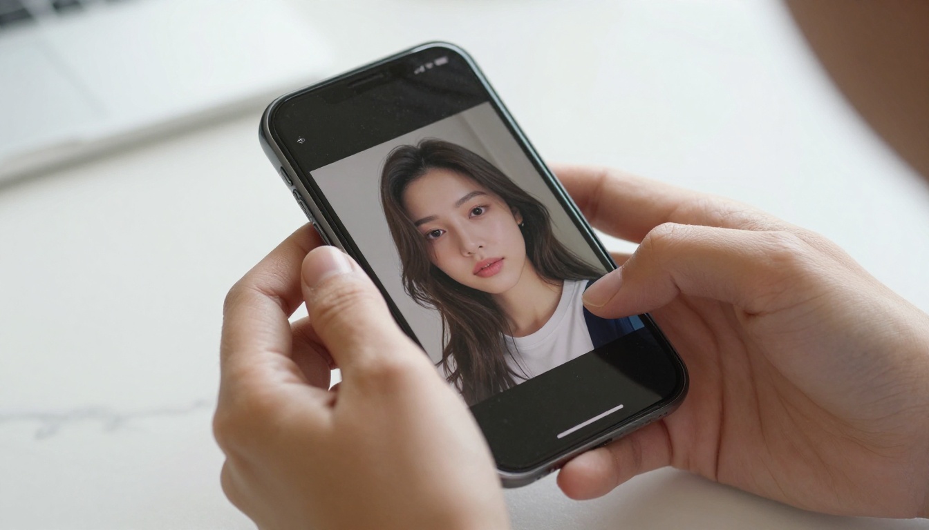 Close-up of elegant hands holding a smartphone showing an AI-generated portrait on screen Close-up of elegant hands holding a smartphone showing an AI-generated portrait on screen